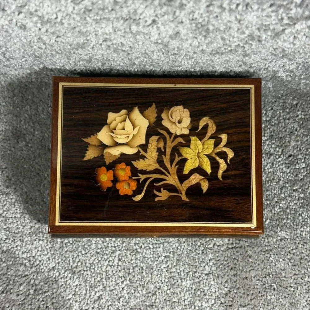 Reuge Music Box Brown Floral‎ Marquetry Lara's Theme Italy Vintage